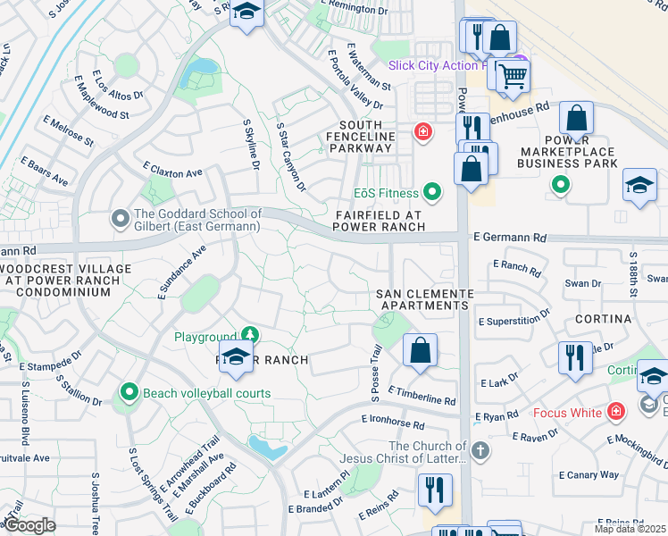 map of restaurants, bars, coffee shops, grocery stores, and more near 4487 East Sundance Court in Gilbert