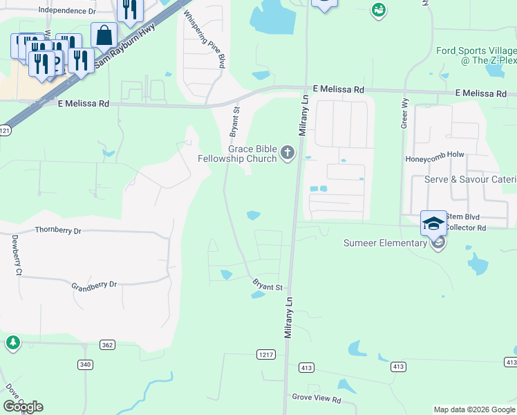 map of restaurants, bars, coffee shops, grocery stores, and more near 2332 Bryant Street in Melissa
