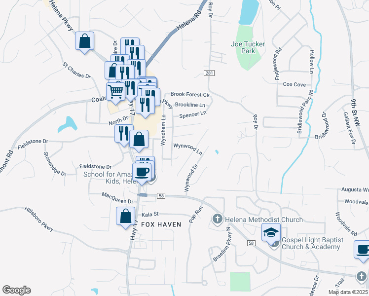 map of restaurants, bars, coffee shops, grocery stores, and more near 7925 Wynwood Lane in Helena