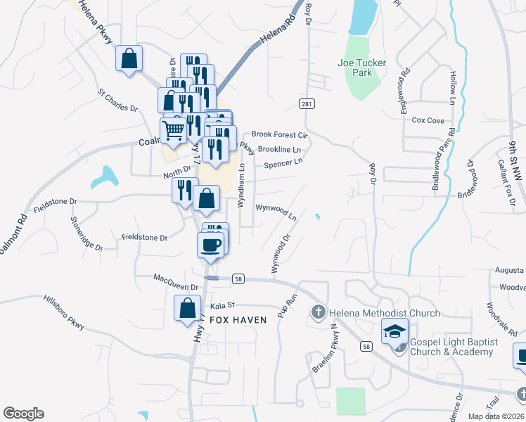 map of restaurants, bars, coffee shops, grocery stores, and more near 7933 Wynwood Lane in Helena