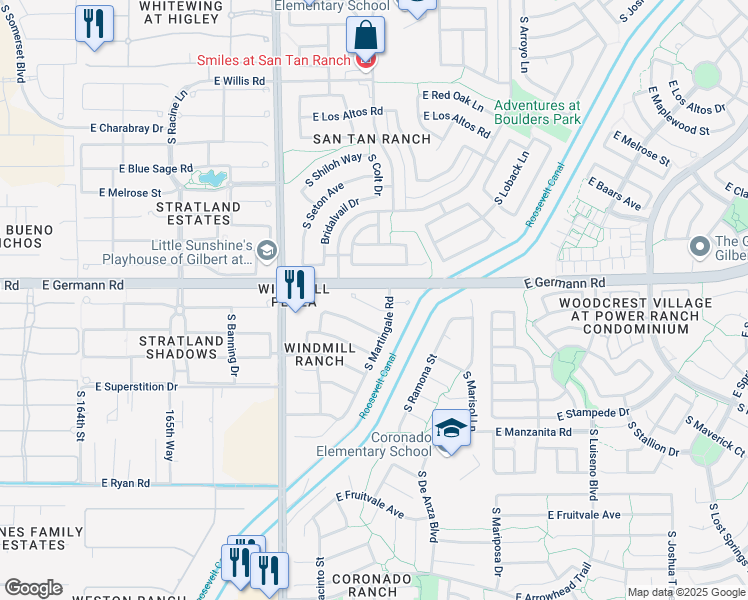 map of restaurants, bars, coffee shops, grocery stores, and more near 3354 East Flamingo Court in Gilbert
