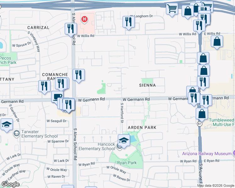 map of restaurants, bars, coffee shops, grocery stores, and more near 1991 South Tumbleweed Lane in Chandler