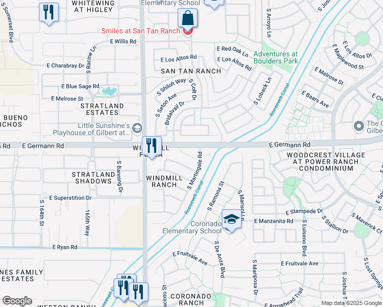 map of restaurants, bars, coffee shops, grocery stores, and more near 3354 East Flamingo Court in Gilbert