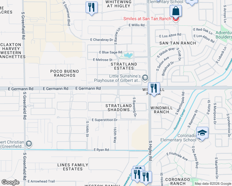 map of restaurants, bars, coffee shops, grocery stores, and more near 2950 East Athena Avenue in Gilbert