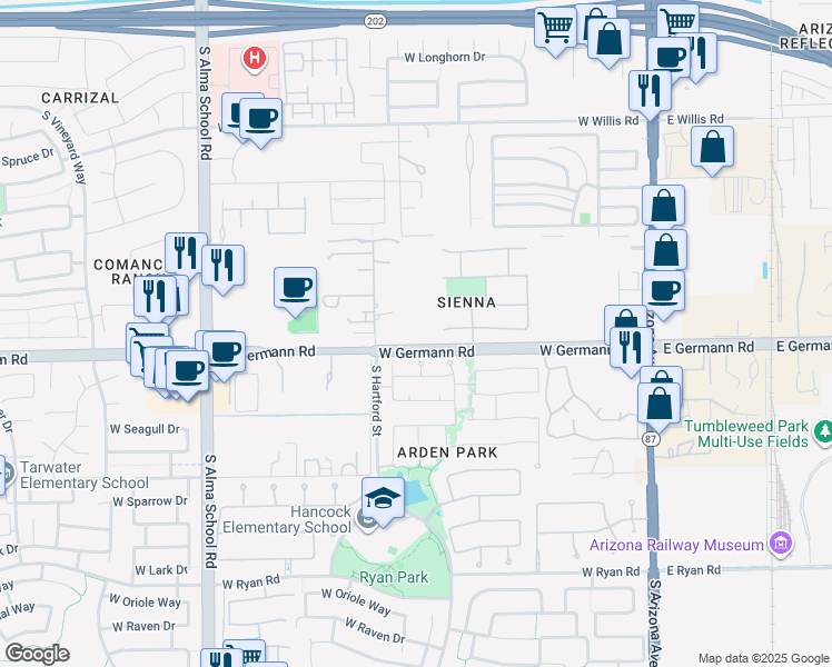 map of restaurants, bars, coffee shops, grocery stores, and more near 510 West Germann Road in Chandler