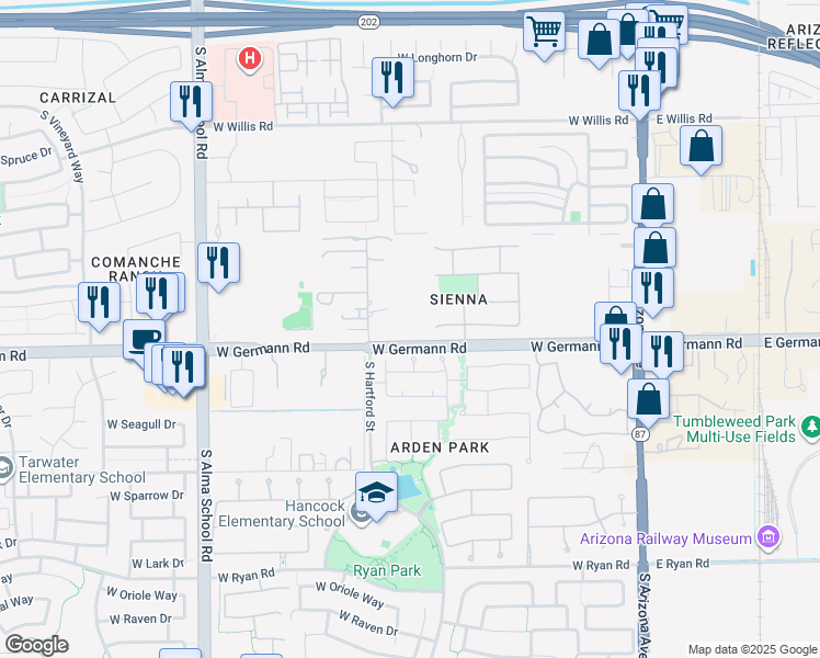 map of restaurants, bars, coffee shops, grocery stores, and more near 510 West Germann Road in Chandler