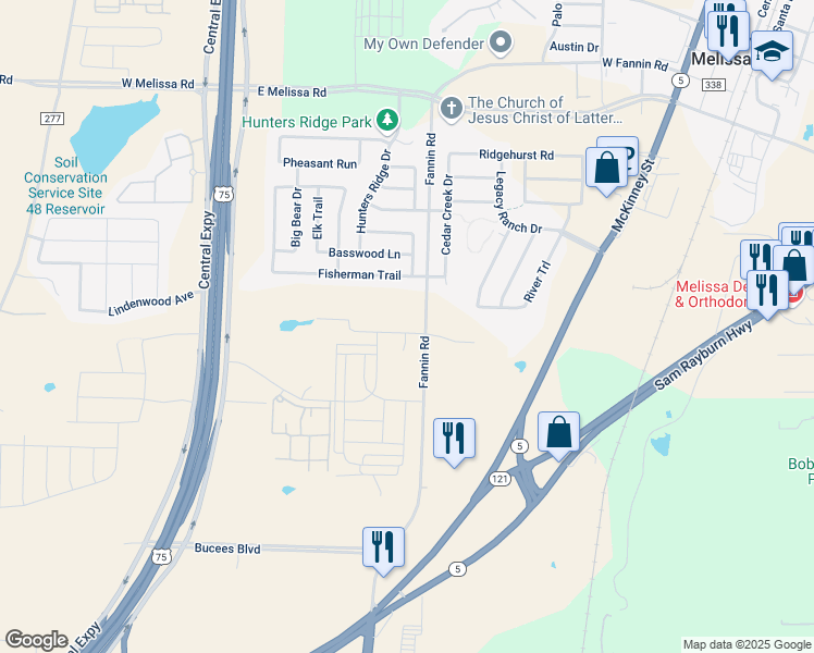 map of restaurants, bars, coffee shops, grocery stores, and more near 1929 South Fannin Road in Melissa