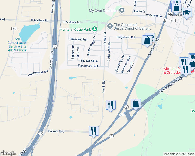 map of restaurants, bars, coffee shops, grocery stores, and more near 1929 South Fannin Road in Melissa