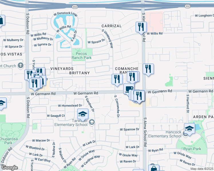 map of restaurants, bars, coffee shops, grocery stores, and more near 1328 West Marlin Drive in Chandler