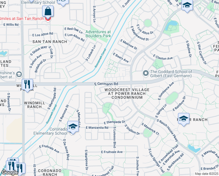 map of restaurants, bars, coffee shops, grocery stores, and more near 3789 East Flamingo Way in Gilbert
