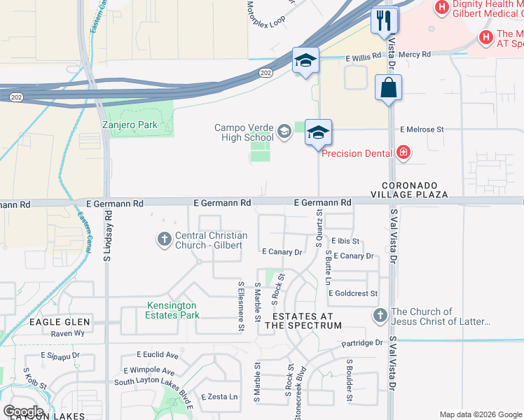 map of restaurants, bars, coffee shops, grocery stores, and more near 1230 East Flamingo Court in Gilbert