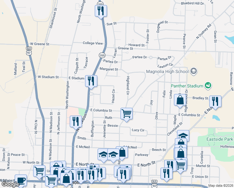 map of restaurants, bars, coffee shops, grocery stores, and more near 1022 Highland Circle in Magnolia