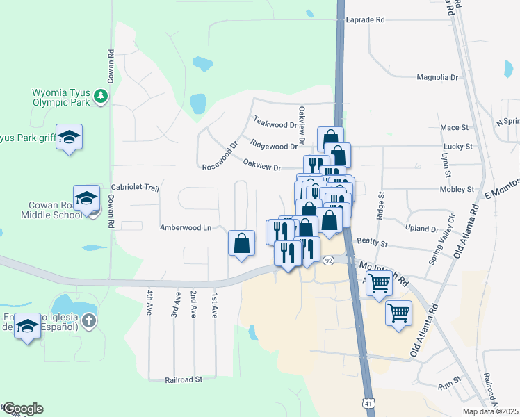 map of restaurants, bars, coffee shops, grocery stores, and more near 1647 Hallmark Hills Drive in Griffin