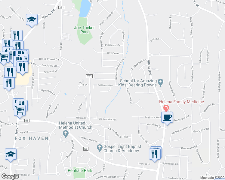 map of restaurants, bars, coffee shops, grocery stores, and more near 2603 Bridlewood Circle in Helena