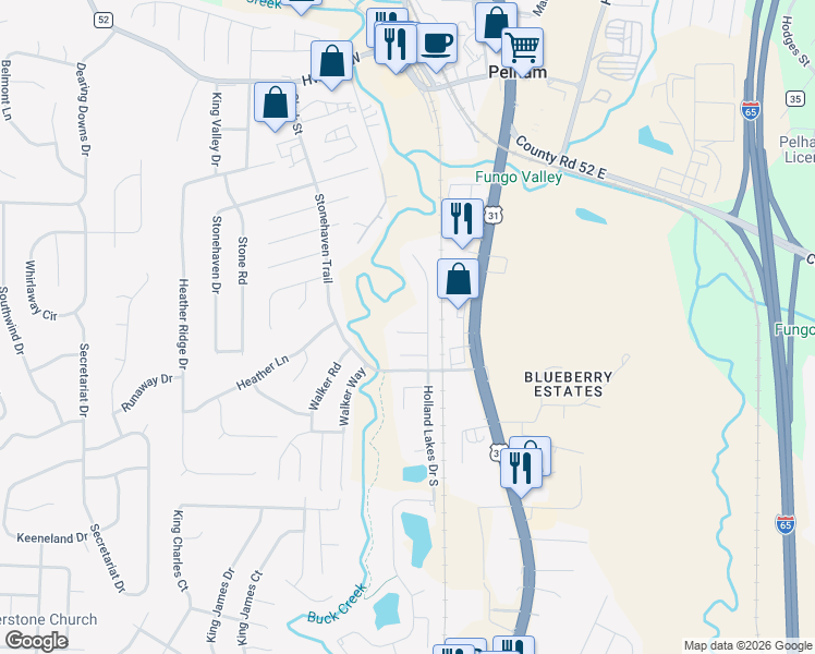 map of restaurants, bars, coffee shops, grocery stores, and more near 425 Holland Lakes Drive North in Pelham