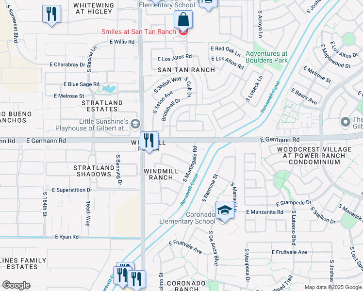 map of restaurants, bars, coffee shops, grocery stores, and more near 3354 East Flamingo Court in Gilbert