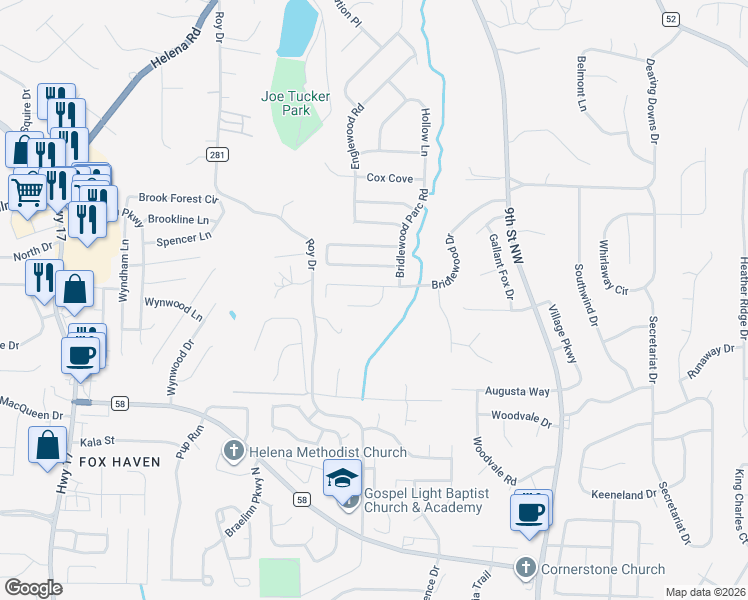 map of restaurants, bars, coffee shops, grocery stores, and more near 2577 Bridlewood Drive in Helena