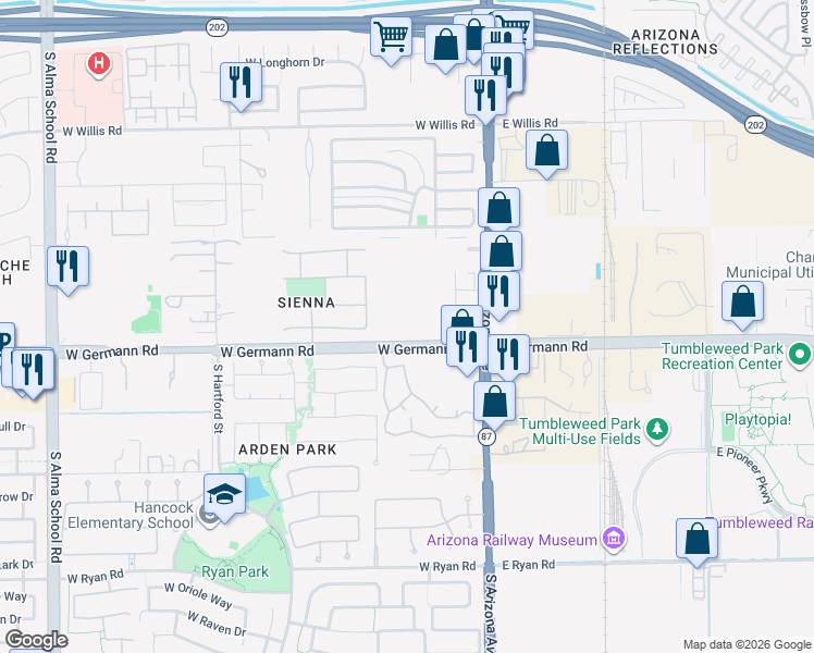 map of restaurants, bars, coffee shops, grocery stores, and more near 2-300 West Germann Road in Chandler