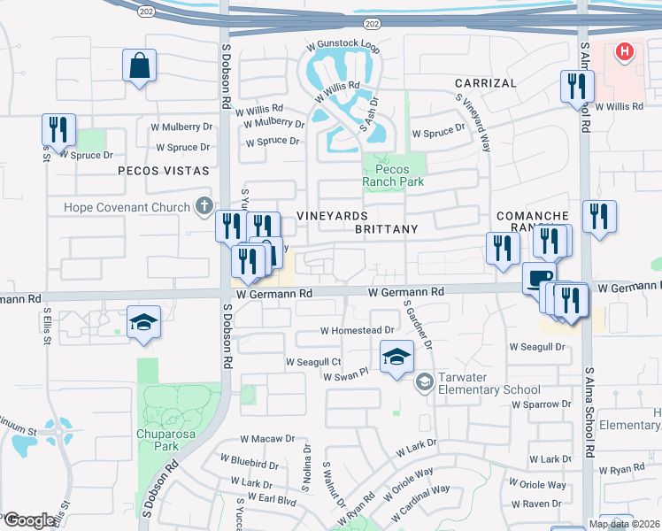 map of restaurants, bars, coffee shops, grocery stores, and more near 1616 West Germann Road in Chandler