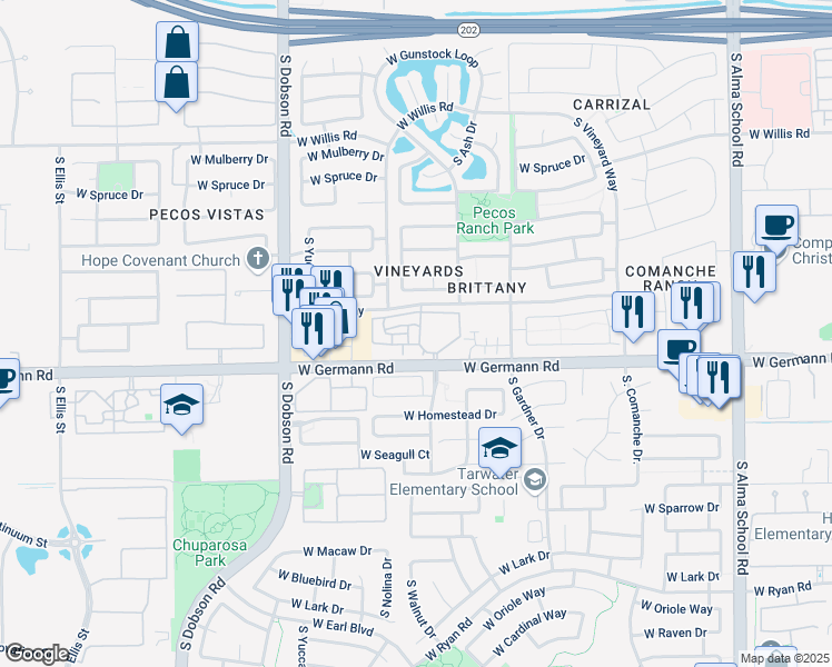 map of restaurants, bars, coffee shops, grocery stores, and more near 1616 West Germann Road in Chandler
