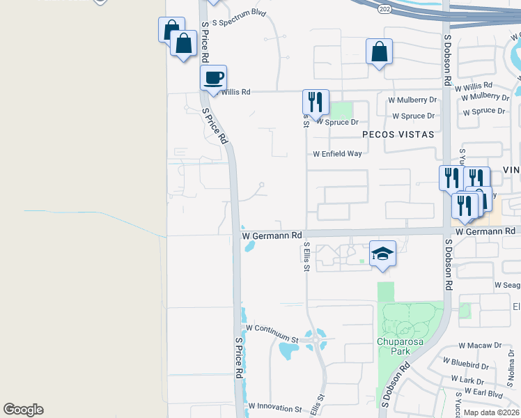 map of restaurants, bars, coffee shops, grocery stores, and more near 1501-1611 South Price Road in Chandler