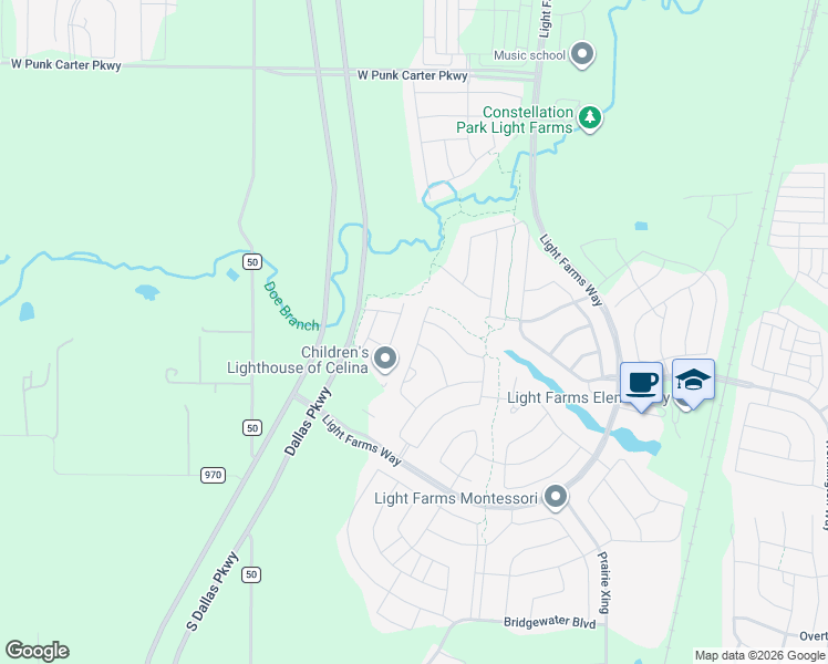 map of restaurants, bars, coffee shops, grocery stores, and more near 1636 Grove Drive in Prosper