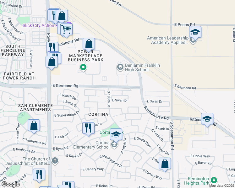 map of restaurants, bars, coffee shops, grocery stores, and more near 18838 East Seagull Drive in Queen Creek