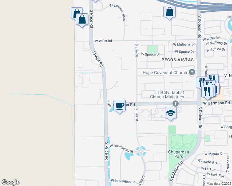 map of restaurants, bars, coffee shops, grocery stores, and more near 1975 South Price Road in Chandler