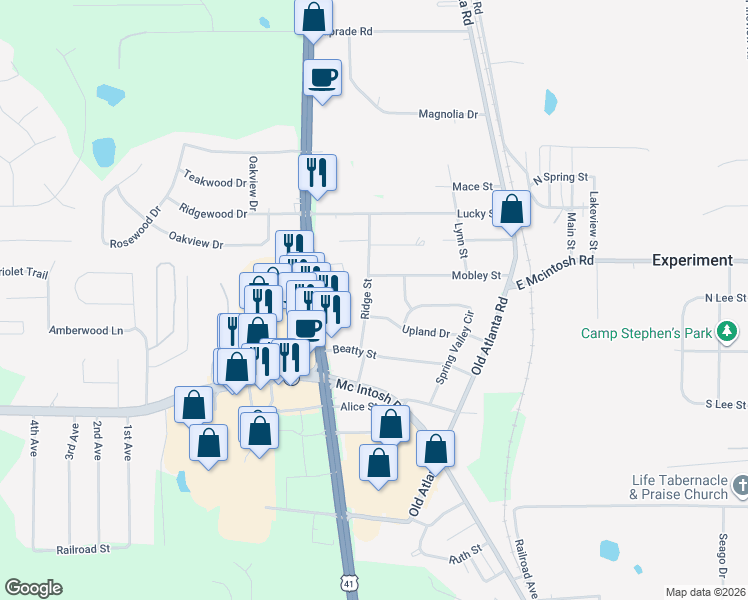 map of restaurants, bars, coffee shops, grocery stores, and more near 1715 Ridge Street in Griffin