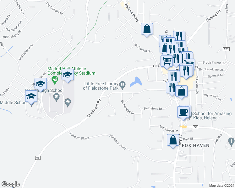 map of restaurants, bars, coffee shops, grocery stores, and more near 551 Fieldstone Drive in Helena