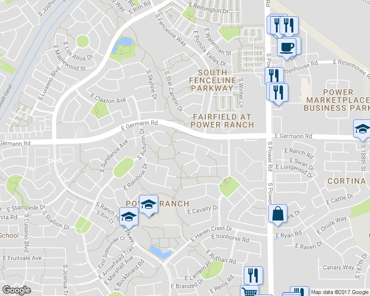map of restaurants, bars, coffee shops, grocery stores, and more near 4466 East Moreno Court in Gilbert