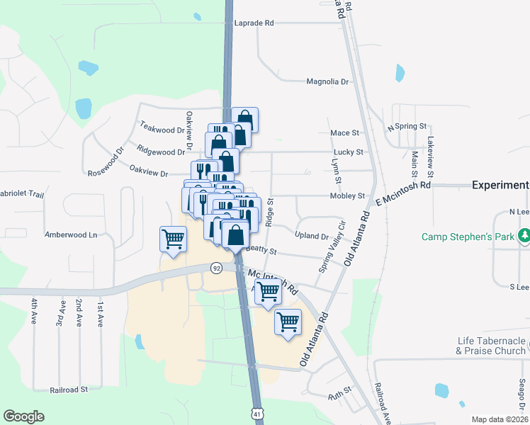 map of restaurants, bars, coffee shops, grocery stores, and more near 1715 Ridge Street in Griffin