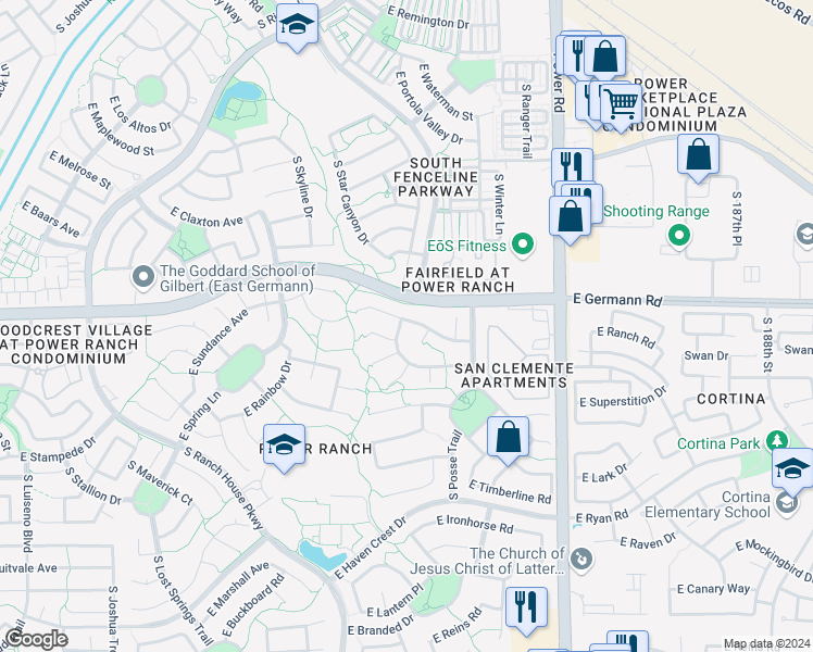 map of restaurants, bars, coffee shops, grocery stores, and more near 4043 South Vineyard Avenue in Gilbert