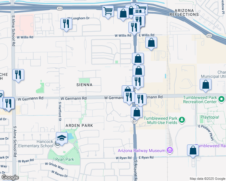 map of restaurants, bars, coffee shops, grocery stores, and more near 2-300 West Germann Road in Chandler