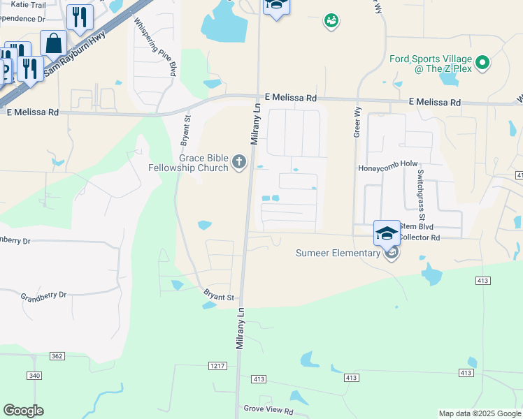 map of restaurants, bars, coffee shops, grocery stores, and more near in Melissa