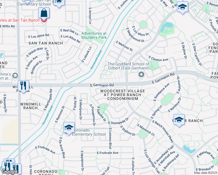 map of restaurants, bars, coffee shops, grocery stores, and more near 4025 South Soboba Street in Gilbert