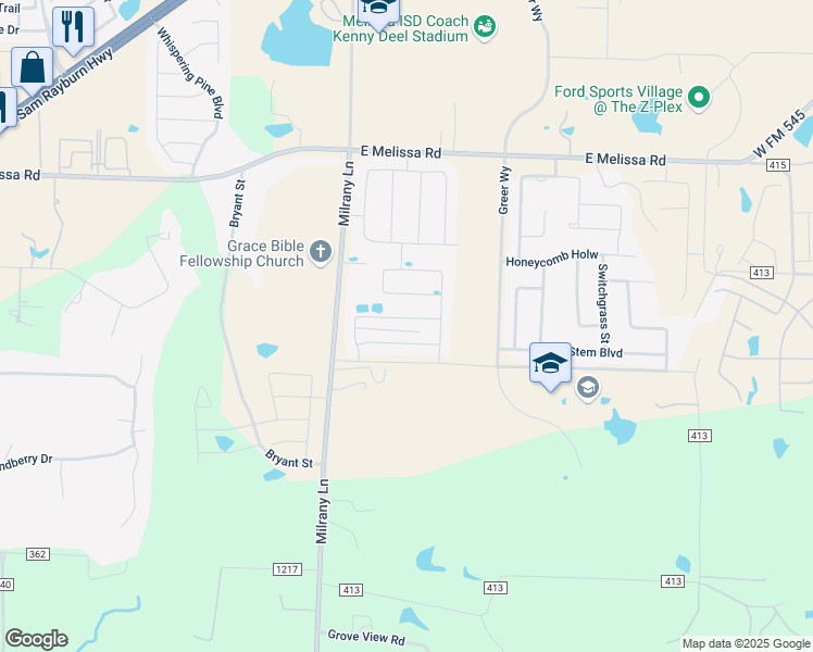 map of restaurants, bars, coffee shops, grocery stores, and more near 2130 Milrany Lane in Melissa