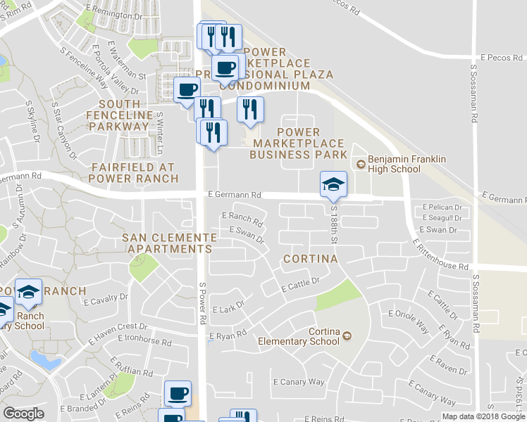 map of restaurants, bars, coffee shops, grocery stores, and more near 18785 East Pheasant Run Road in Queen Creek