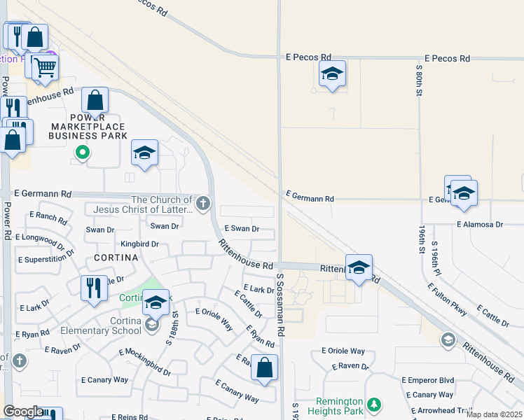 map of restaurants, bars, coffee shops, grocery stores, and more near 19155 East Pelican Drive in Queen Creek