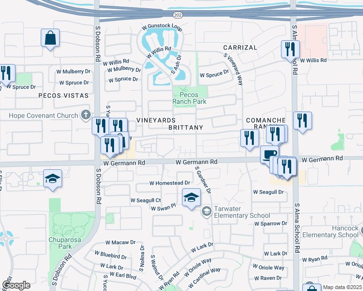 map of restaurants, bars, coffee shops, grocery stores, and more near 1930 South Sycamore Place in Chandler
