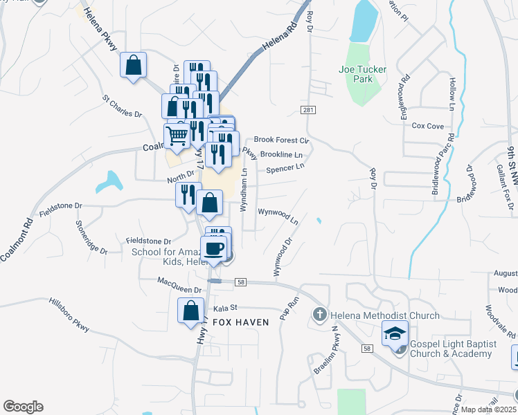 map of restaurants, bars, coffee shops, grocery stores, and more near 7417 Wyndham Parkway in Helena