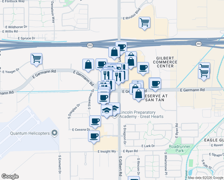 map of restaurants, bars, coffee shops, grocery stores, and more near 2990 East Germann Road in Chandler