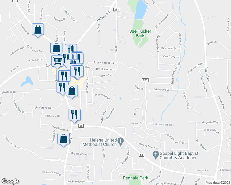 map of restaurants, bars, coffee shops, grocery stores, and more near 8248 Wynwood Drive in Helena