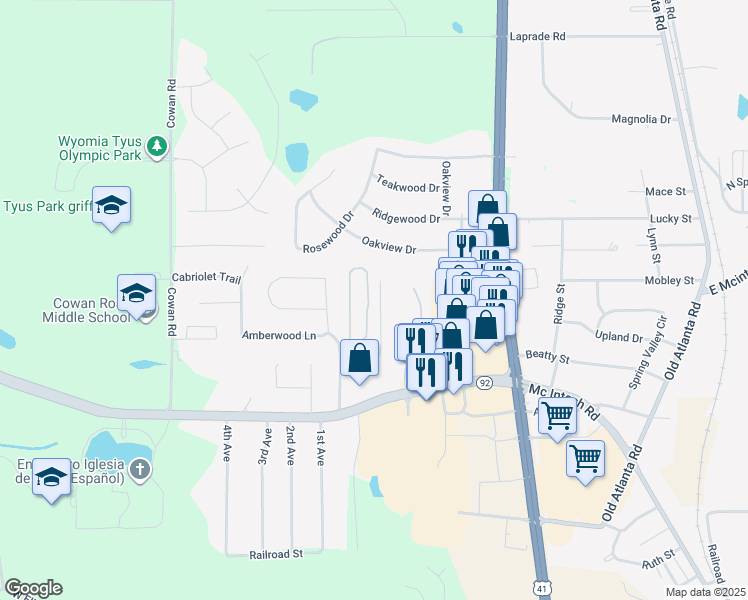 map of restaurants, bars, coffee shops, grocery stores, and more near 1647 Hallmark Hills Drive in Griffin