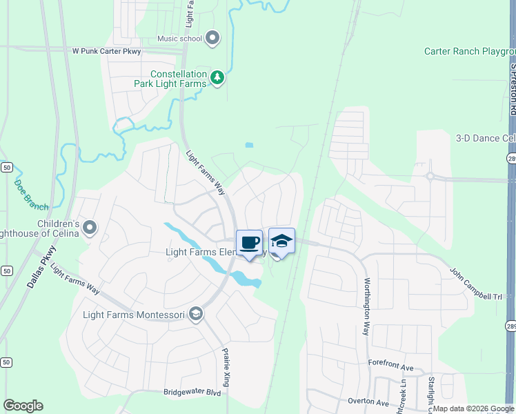 map of restaurants, bars, coffee shops, grocery stores, and more near 3501 Meridian Avenue in Celina
