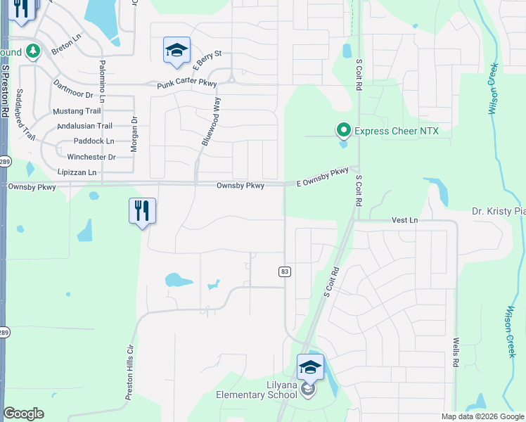 map of restaurants, bars, coffee shops, grocery stores, and more near 3668 Quail Hollow Street in Celina