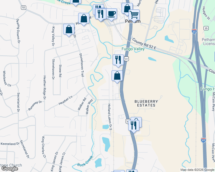map of restaurants, bars, coffee shops, grocery stores, and more near 425 Holland Lakes Drive North in Pelham