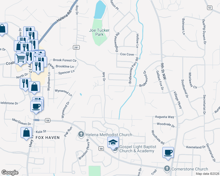 map of restaurants, bars, coffee shops, grocery stores, and more near 2551 Bridlewood Drive in Helena