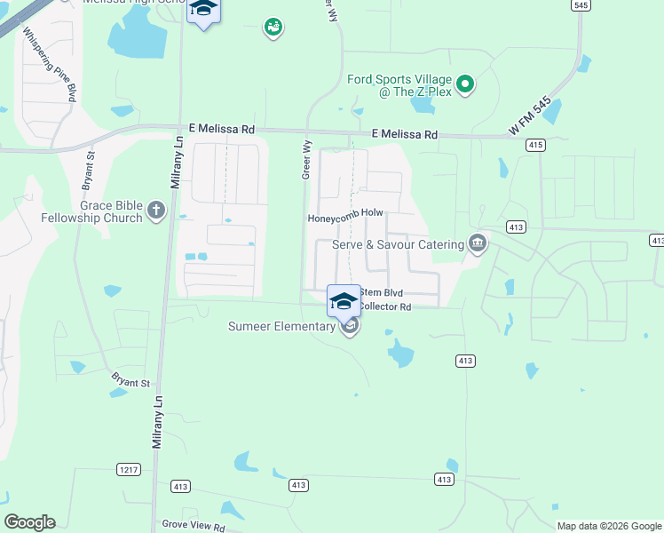 map of restaurants, bars, coffee shops, grocery stores, and more near 2206 Grassland Avenue in Melissa