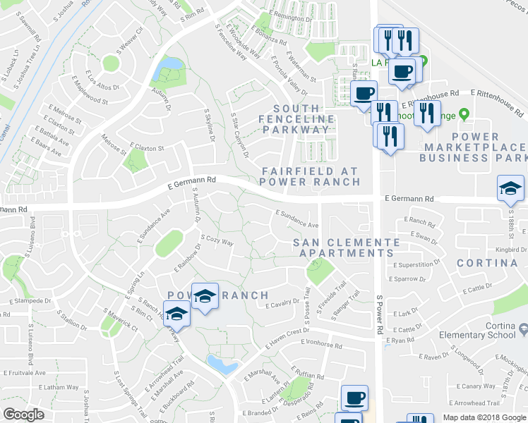 map of restaurants, bars, coffee shops, grocery stores, and more near 4487 East Sundance Court in Gilbert